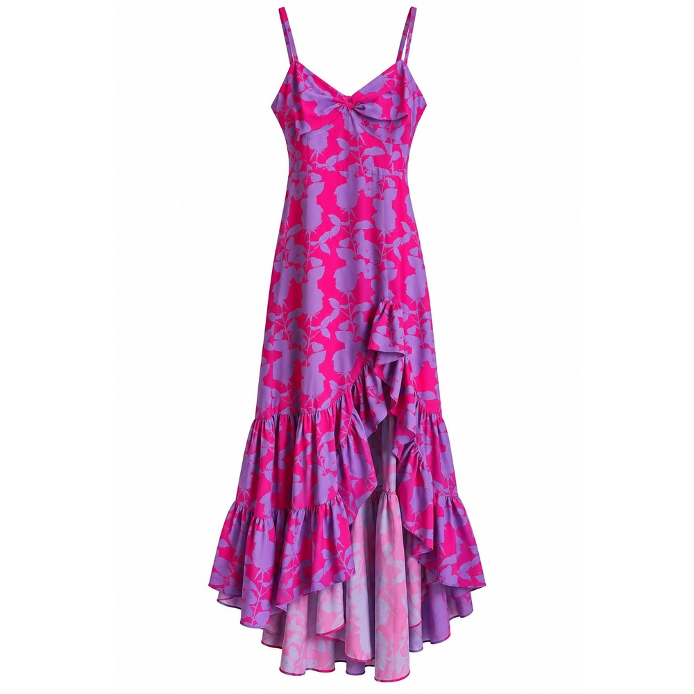 Slate & Willow Pink Purple Floral Ruffle Maxi Dress 14 Asymmetrical‎ Y2K Fairy